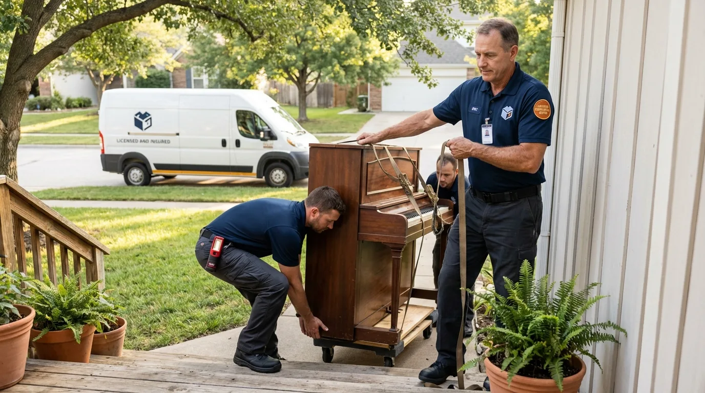 Licensed piano movers securing grand piano in Sebring, FL