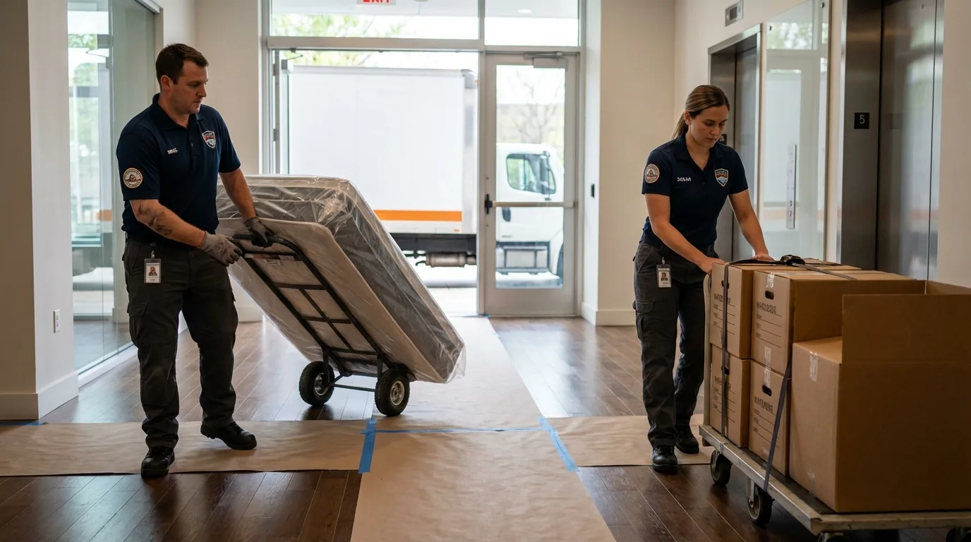 Professional apartment movers loading elevator in Sebring, FL