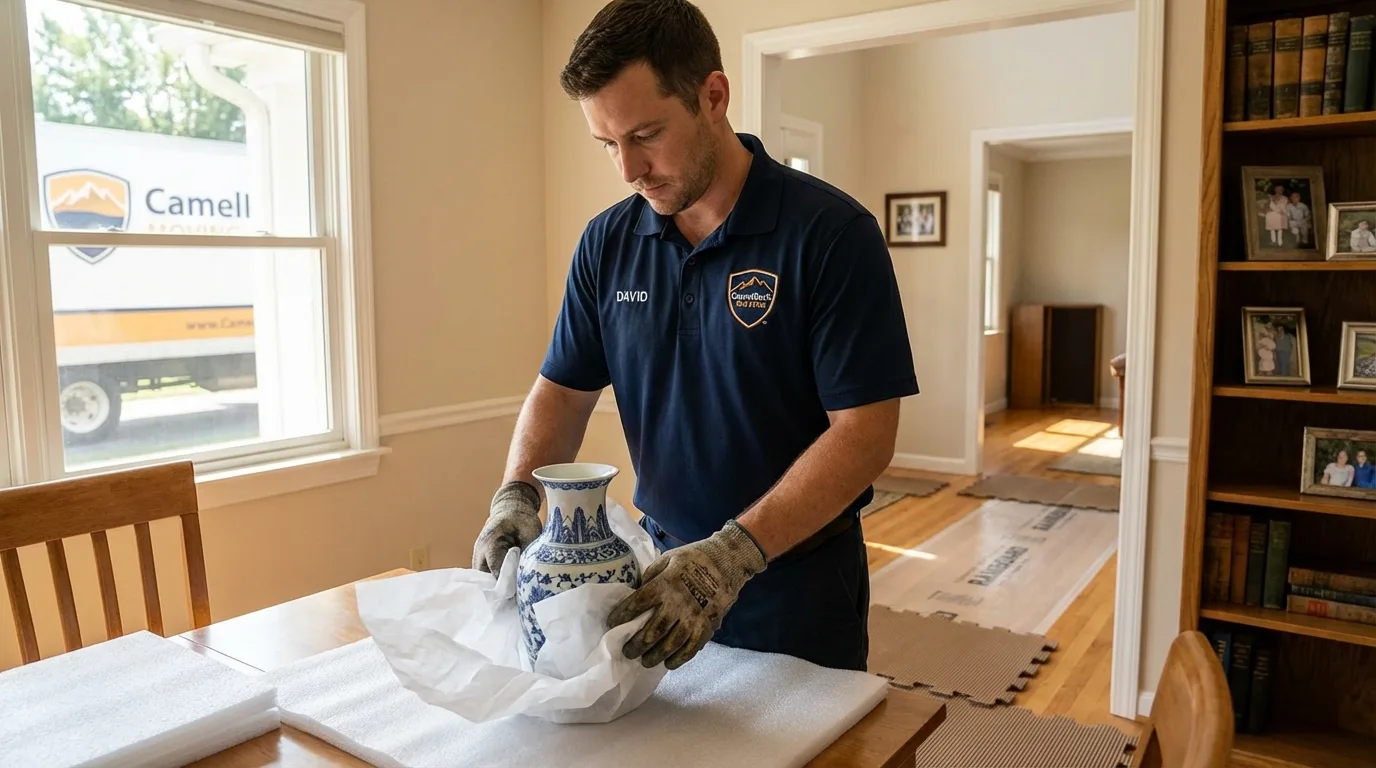 Professional crew carefully wrapping antique vase for senior downsizing move in Sebring, FL
